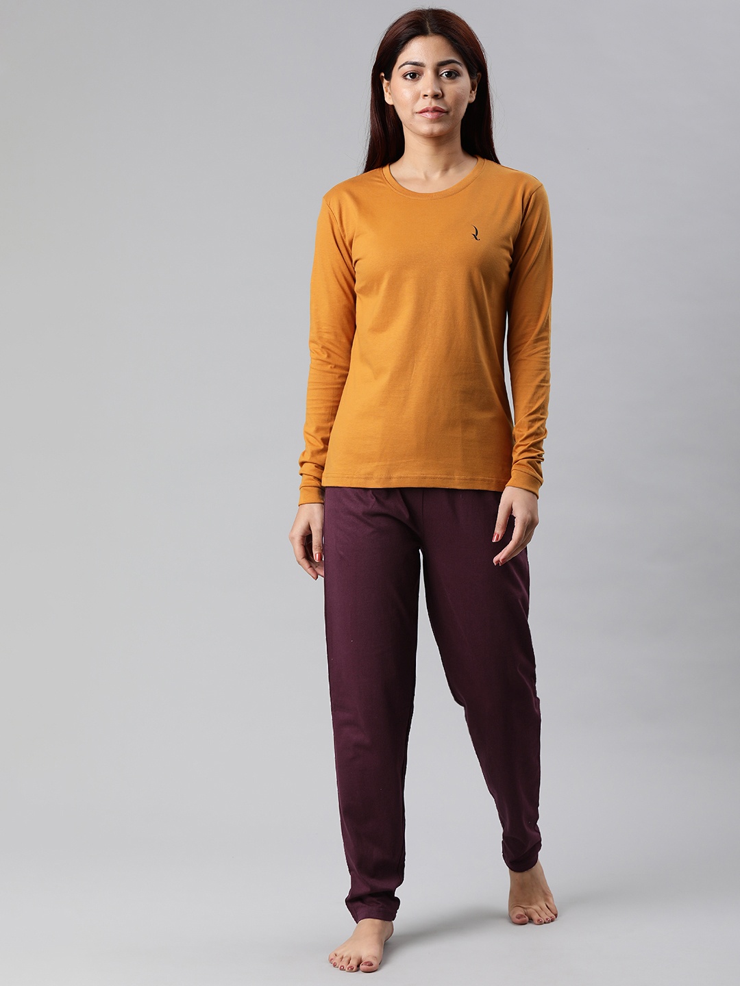 

QUARANTINE Women Mustard Yellow & Burgundy Solid Night Suit