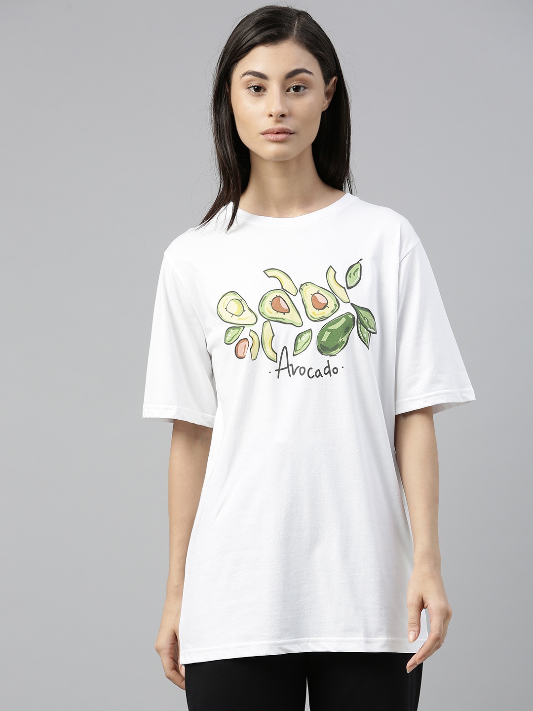 

QUARANTINE Women White Printed Round Neck Oversized Lounge T-shirt