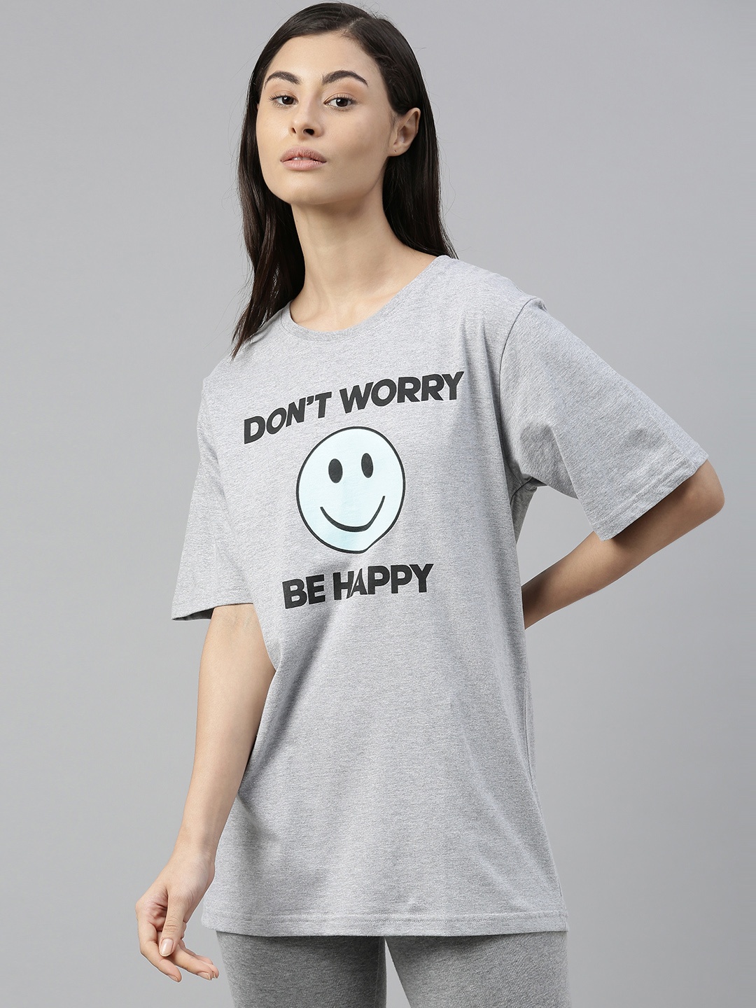 

QUARANTINE Women Grey Melange Printed Round Neck Oversized Lounge T-shirt