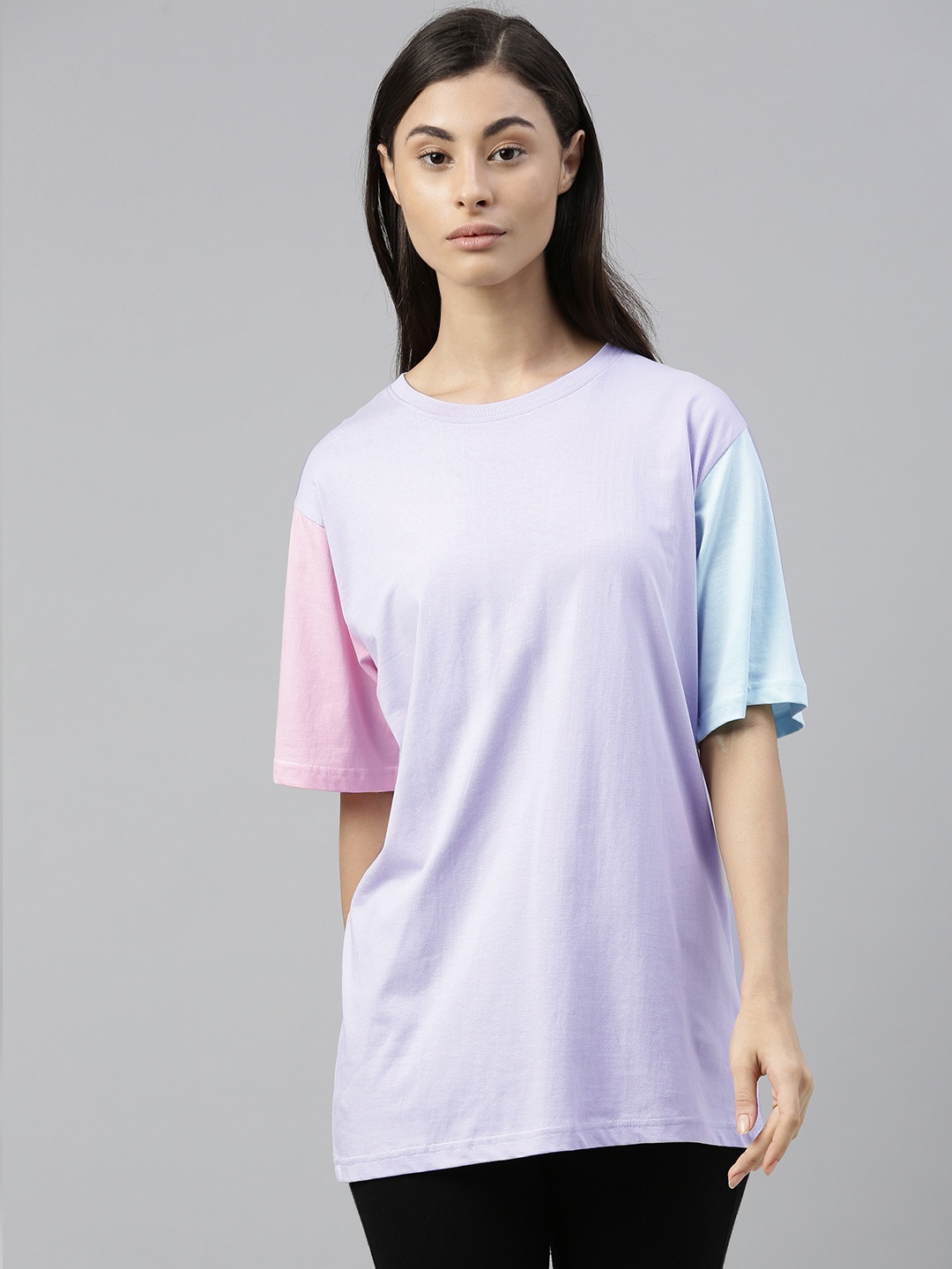 

QUARANTINE Women Lavender Colourblocked Round Neck T-shirt