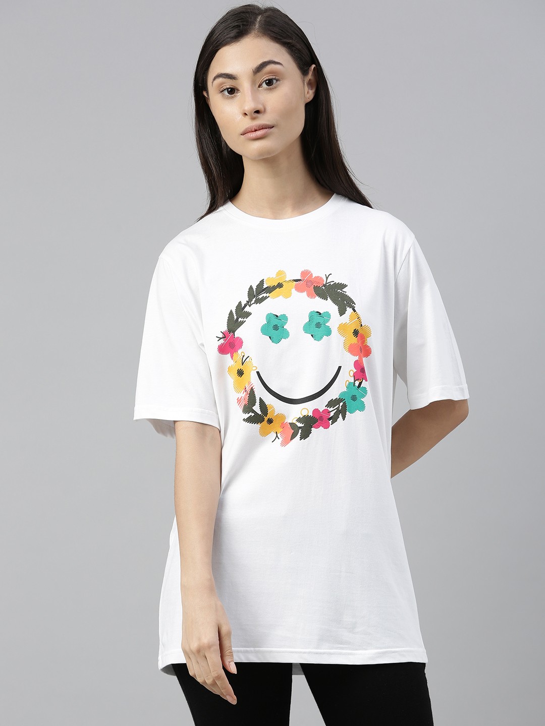 

QUARANTINE Women White Printed Round Neck Oversized Lounge T-shirt