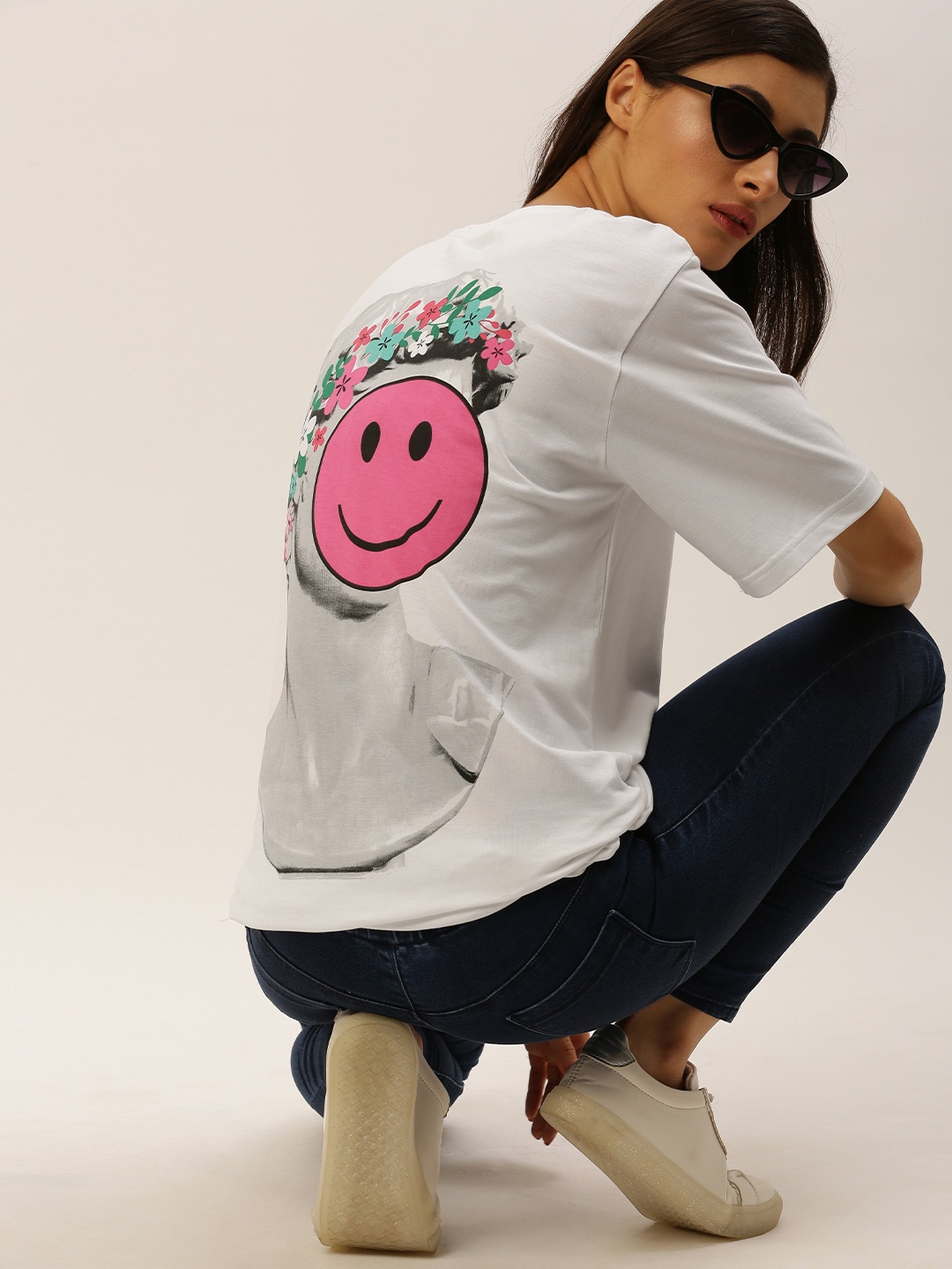 

DILLINGER Women White Printed Round Neck Oversized Pure Cotton T-shirt