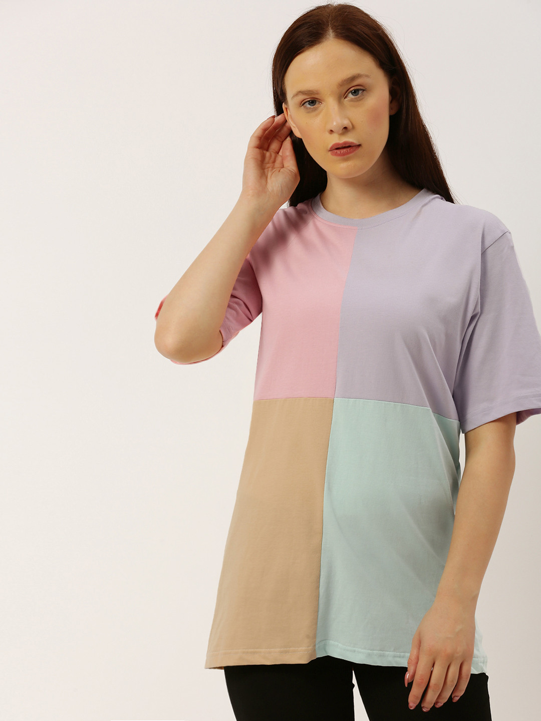 

DILLINGER Women Pink Colourblocked Longline Round Neck Oversized T-shirt