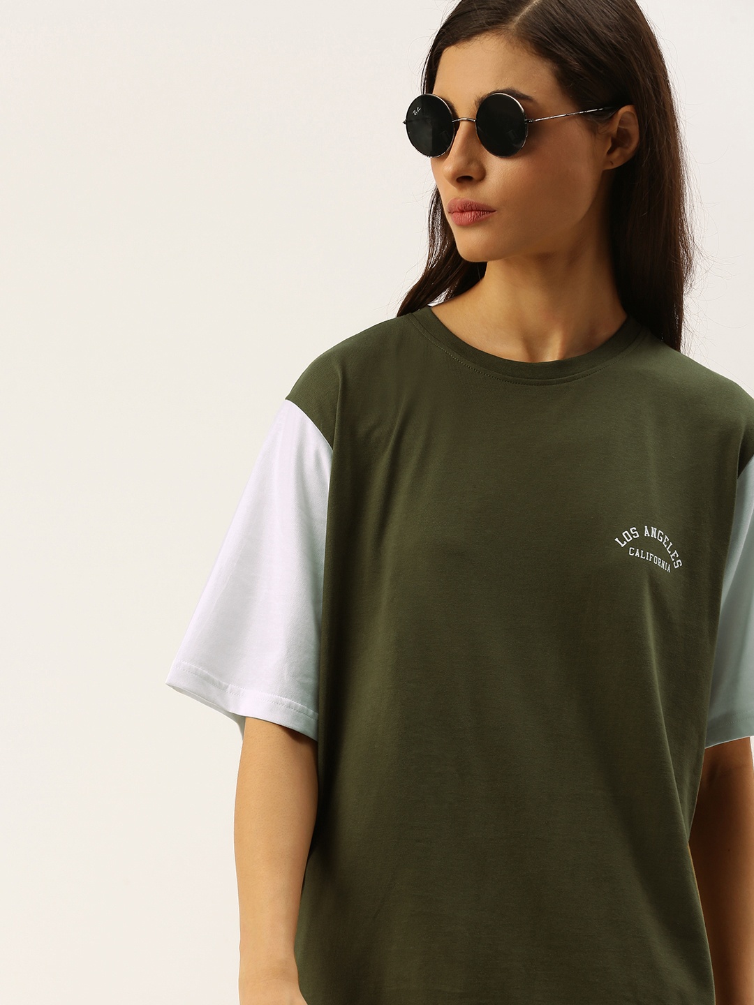 

DILLINGER Women Olive Green Solid Round Neck Oversized Pure Cotton T-shirt