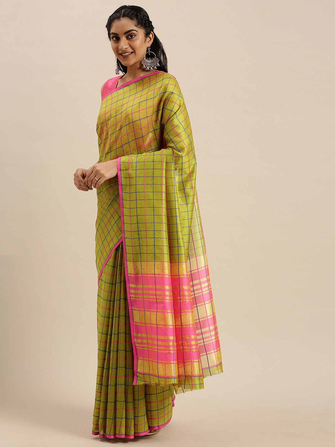 

Mitera Olive Green & Pink Checked Saree