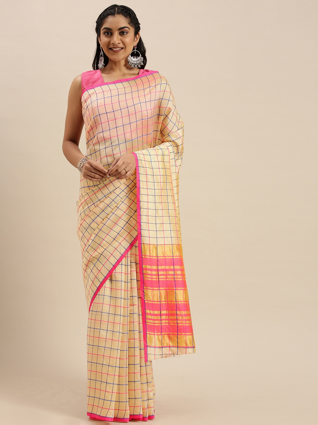 

Mitera Cream-Coloured & Blue Checked Saree