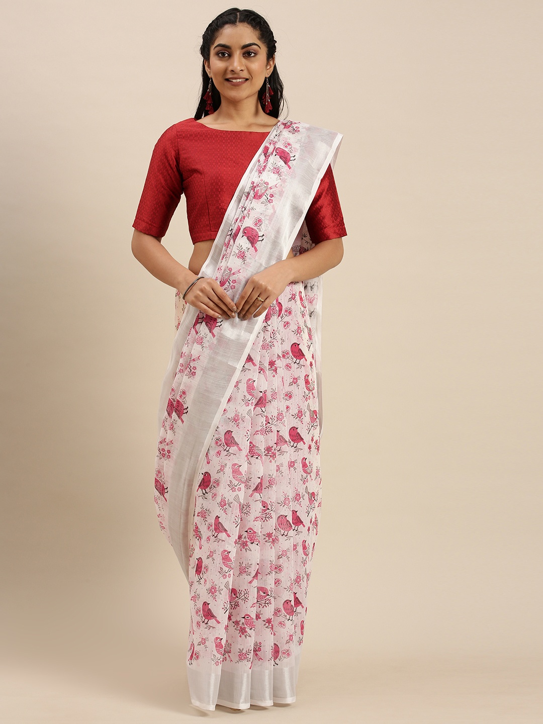 

Mitera White & Pink Block Print Saree