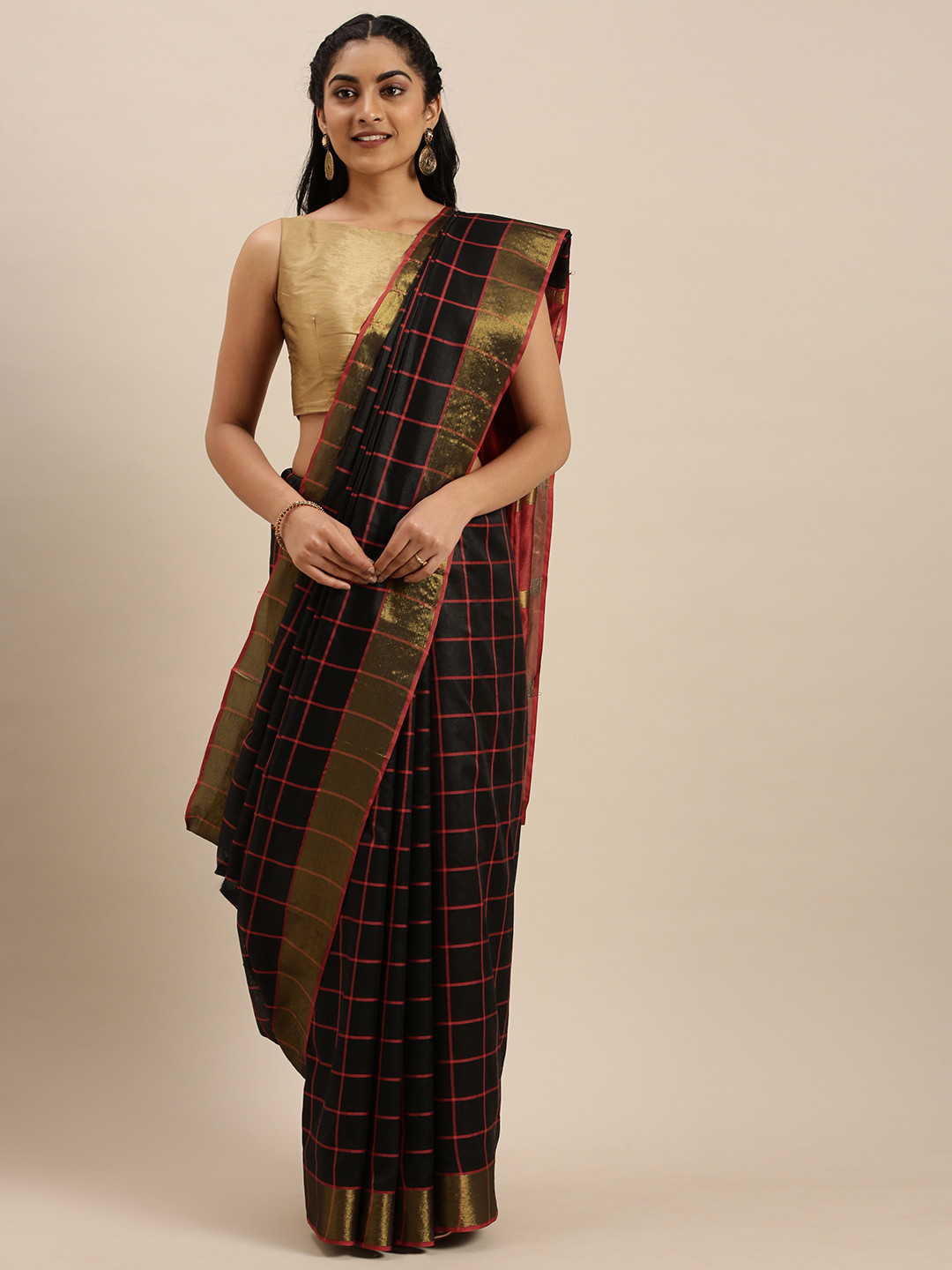 

Mitera Black & Red Checked Saree