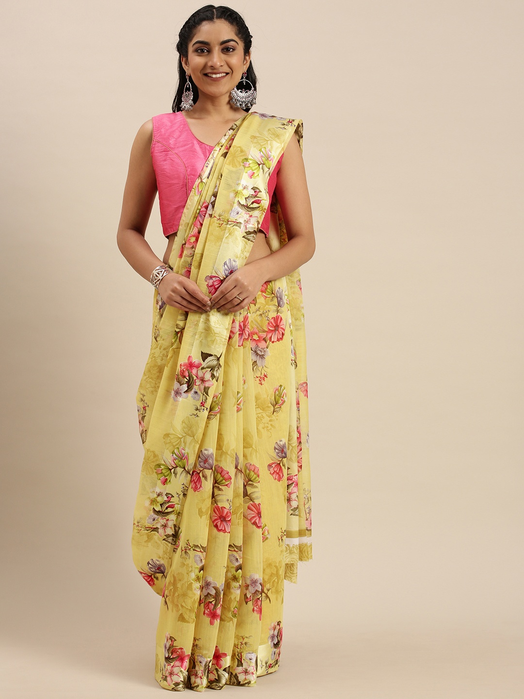 

Mitera Mustard & Pink Printed Saree