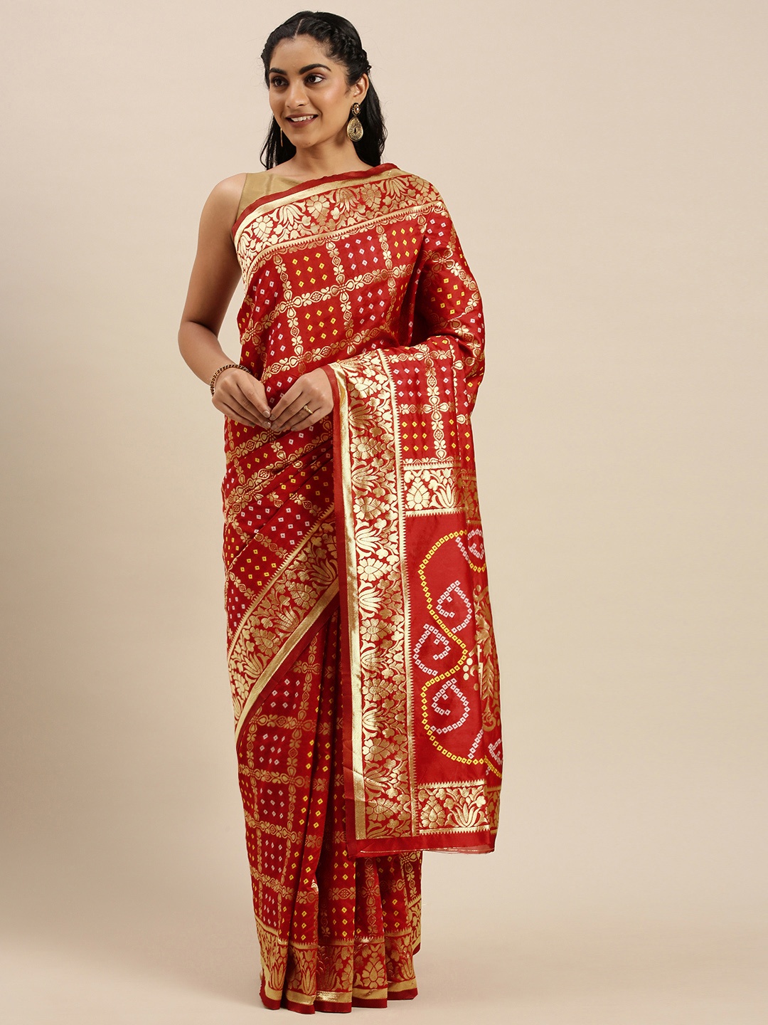 

Mitera Red & Gold-Toned Woven Design Banarasi Saree