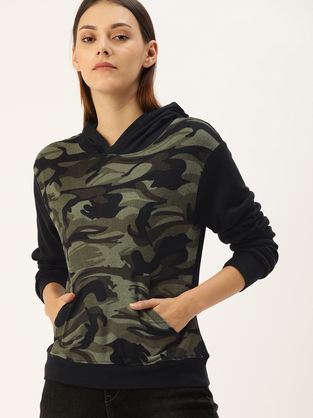 

Campus Sutra Women Olive Green & Black Camouflage Printed Hooded Sweatshirt