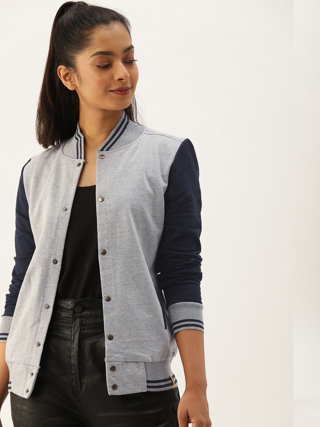 

Campus Sutra Women Grey Solid Varsity Jacket