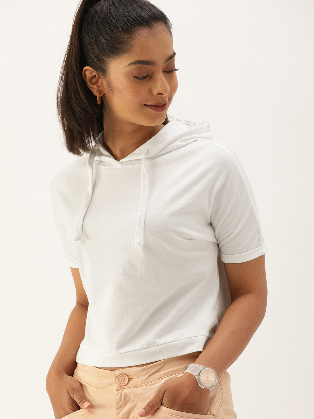 

Campus Sutra Women White Solid Hooded Top