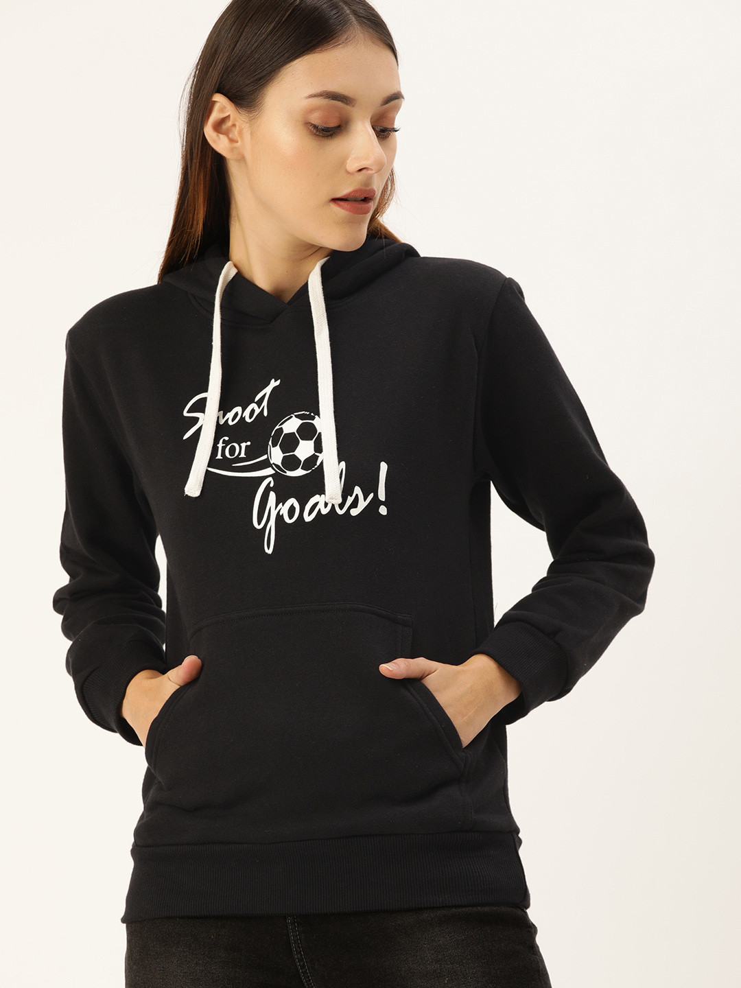 

Campus Sutra Women Black Printed Hooded Sweatshirt