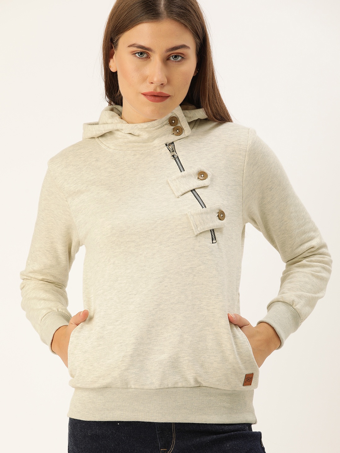 

Campus Sutra Women Off-White Solid Hooded Sweatshirt