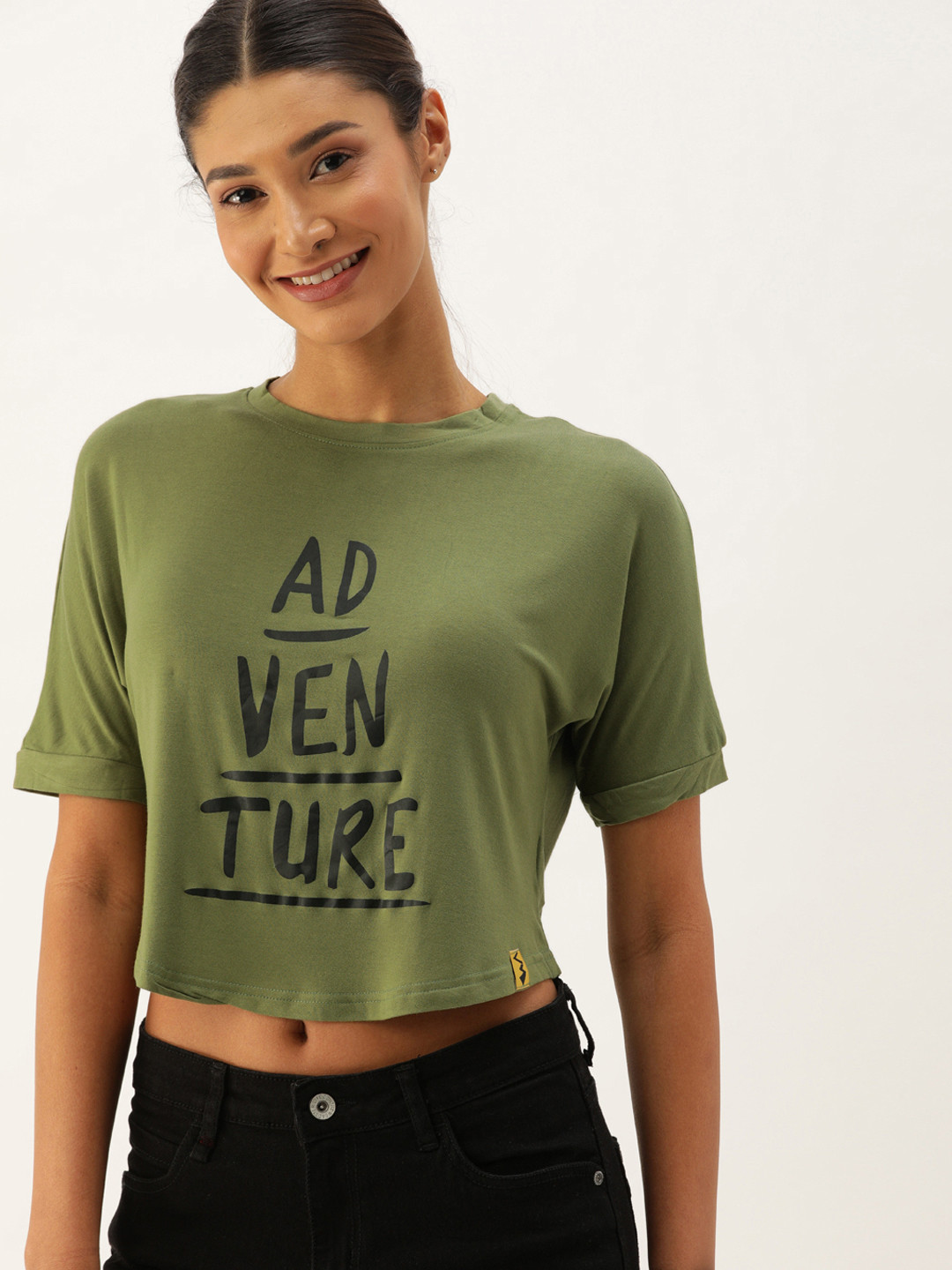 

Campus Sutra Women Olive Green Printed Crop Top