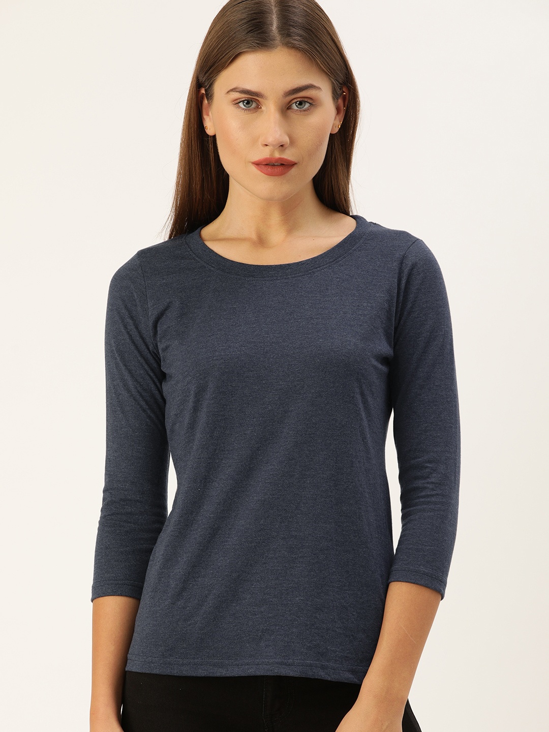 

Campus Sutra Women Navy Blue Solid Pure Cotton Top