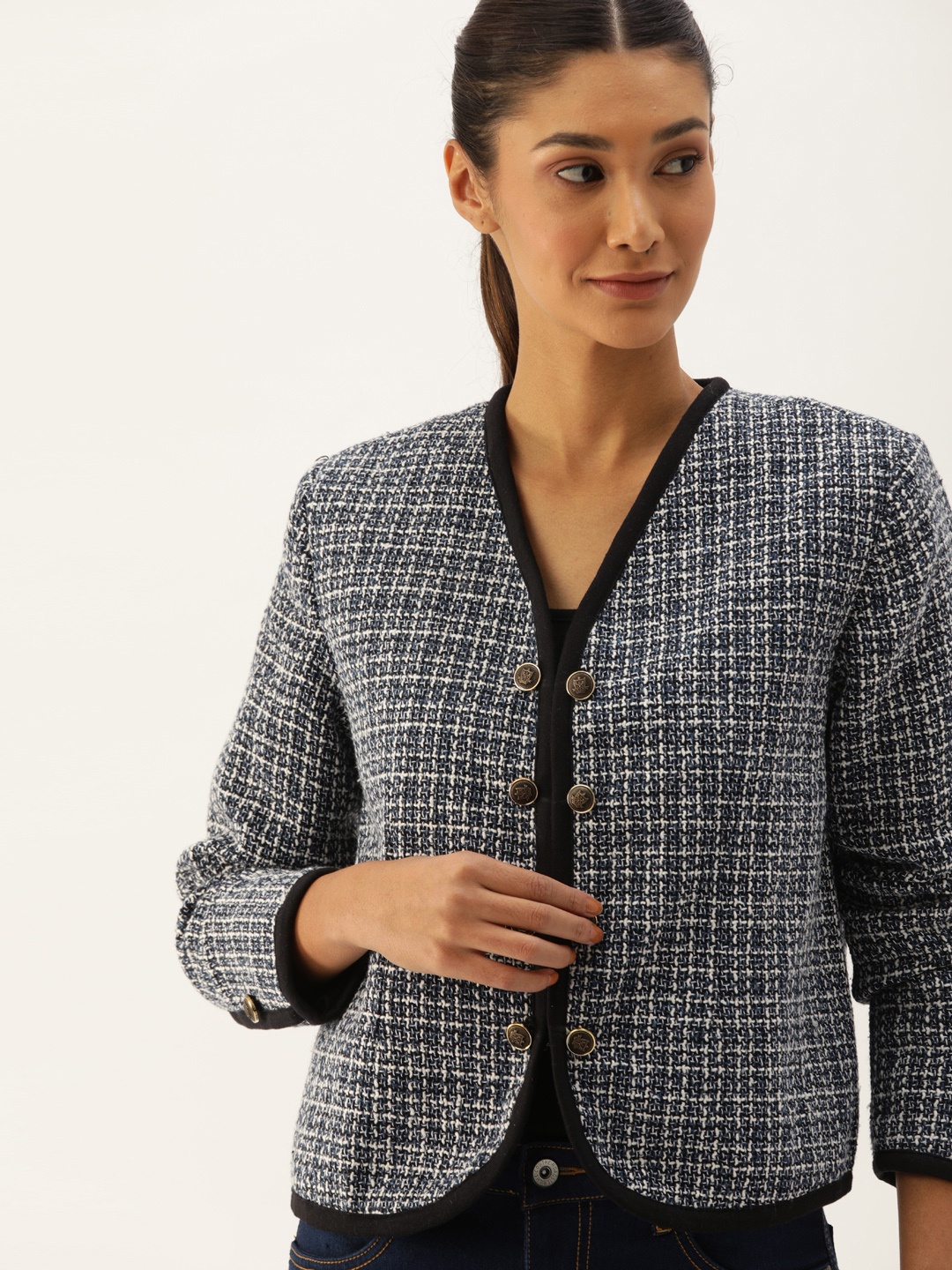 

Campus Sutra Women Blue & White Self-Design Single-Breasted Blazer