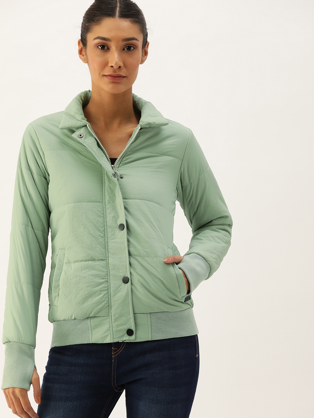 

Campus Sutra Women Green Solid Windcheater Padded Jacket