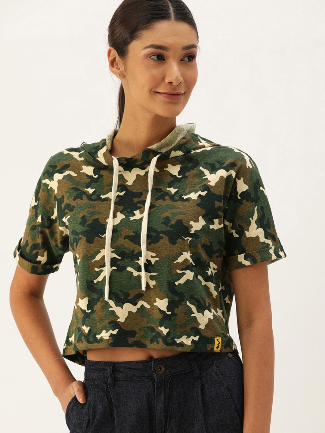 

Campus Sutra Women Olive Green & Beige Camouflage Print Hood T-shirt