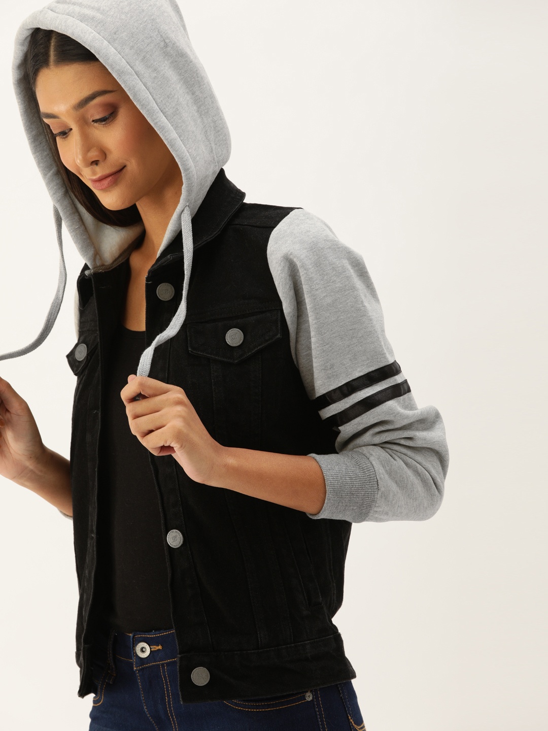 

Campus Sutra Women Black Solid Windcheater Denim Jacket