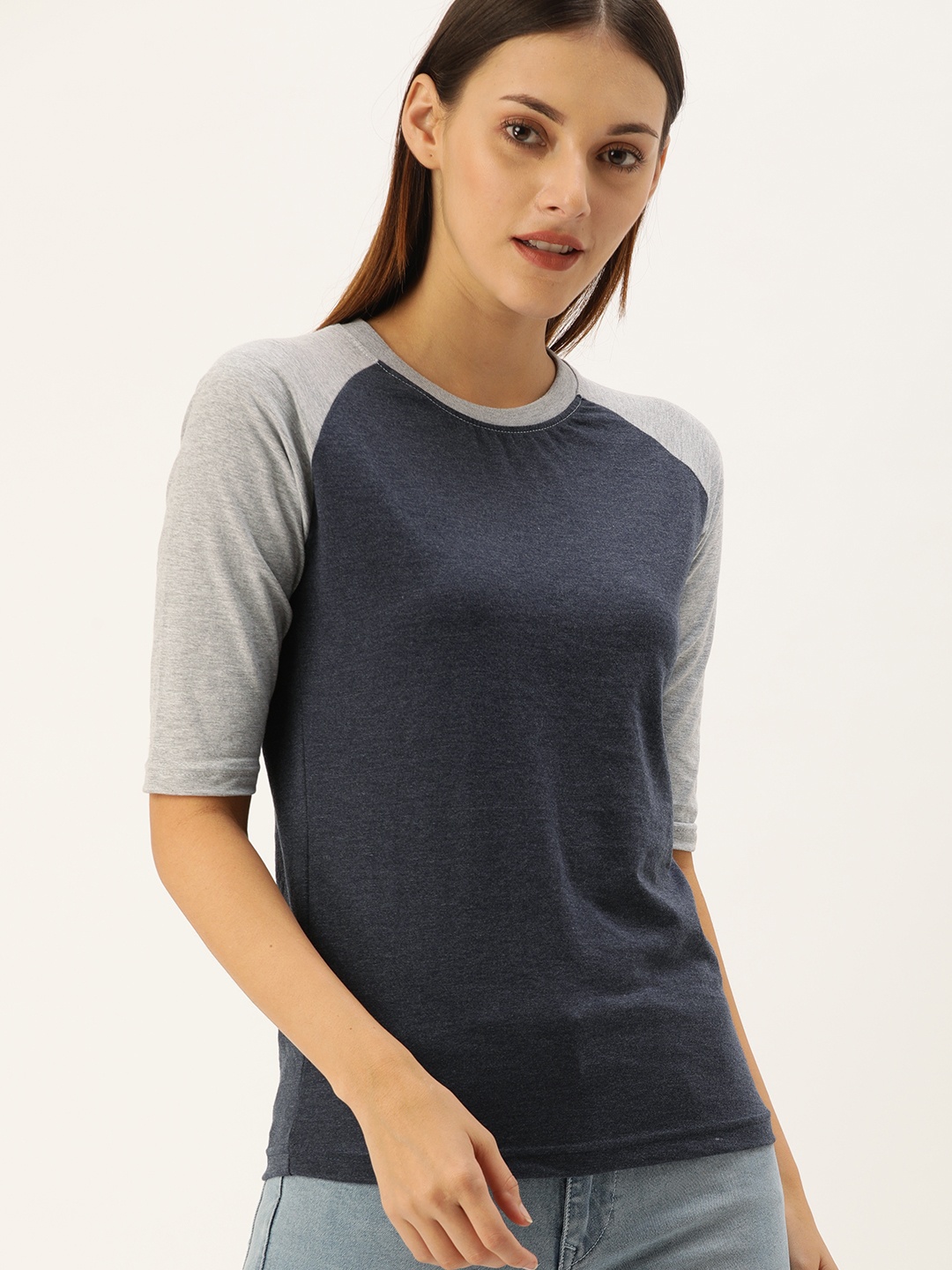 

Campus Sutra Women Charcoal Colourblocked Pure Cotton Top