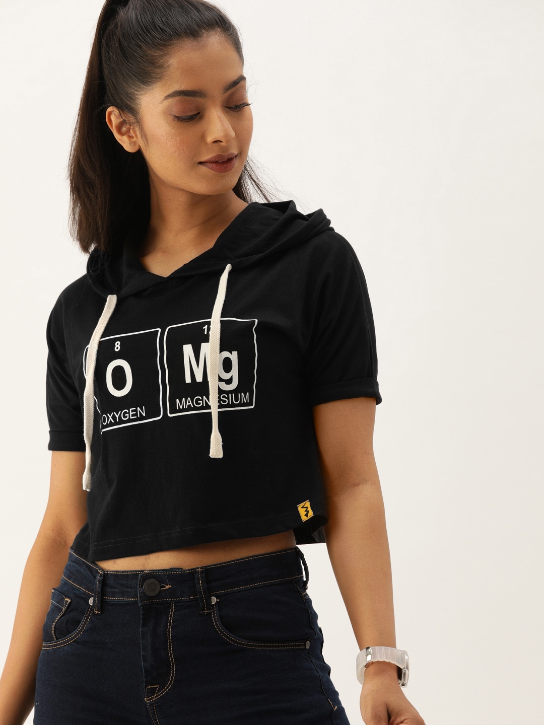 

Campus Sutra Women Black Printed Hood T-shirt