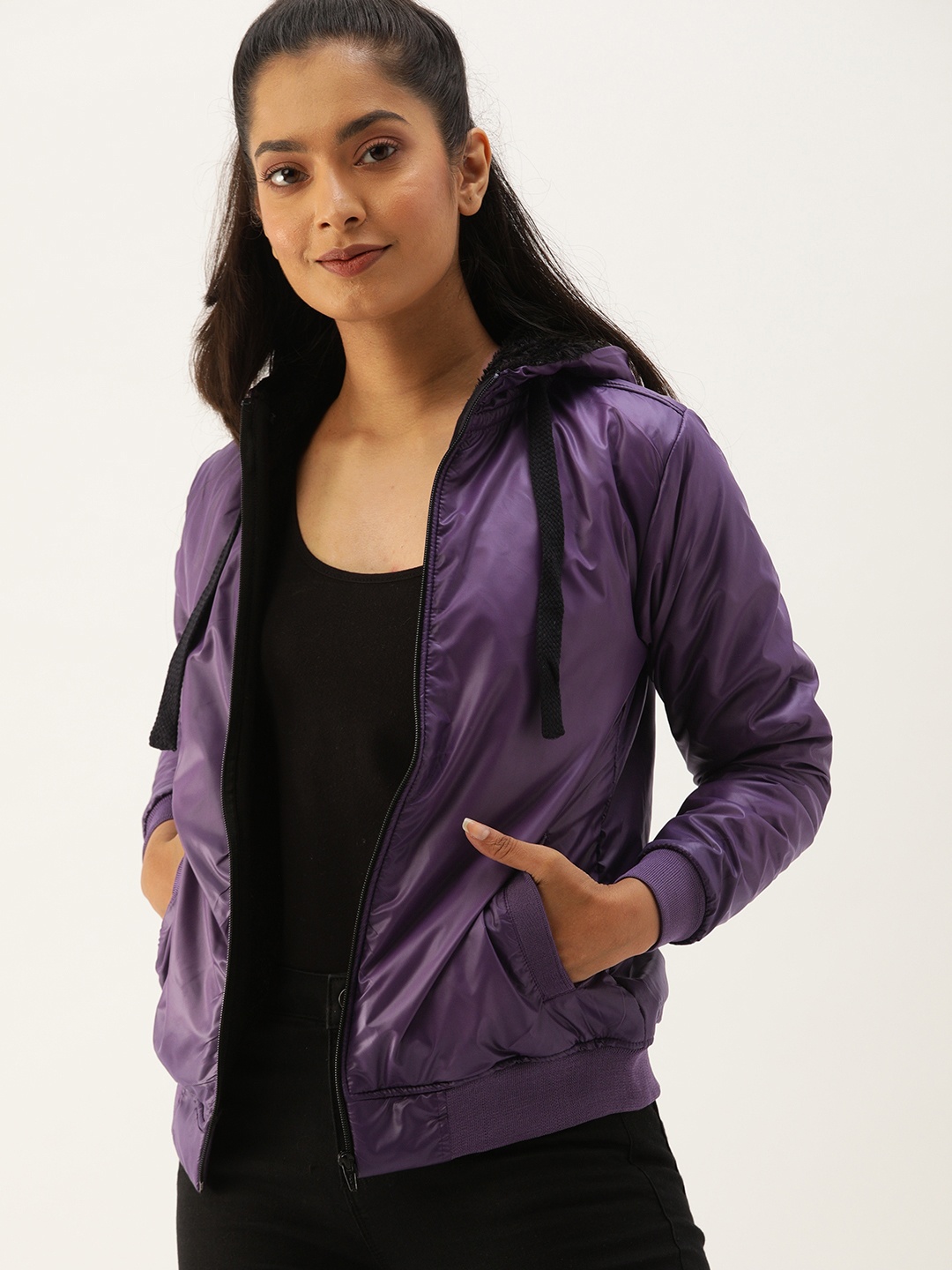 

Campus Sutra Women Purple Solid Windcheater Bomber