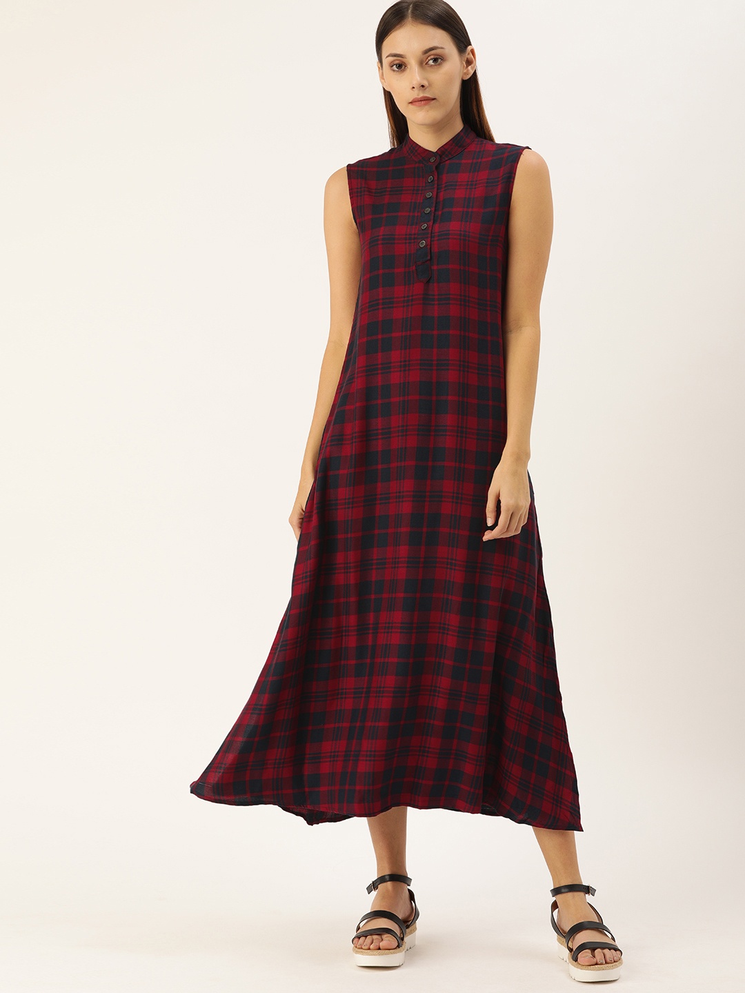 

Campus Sutra Women Maroon Checked A-Line Dress