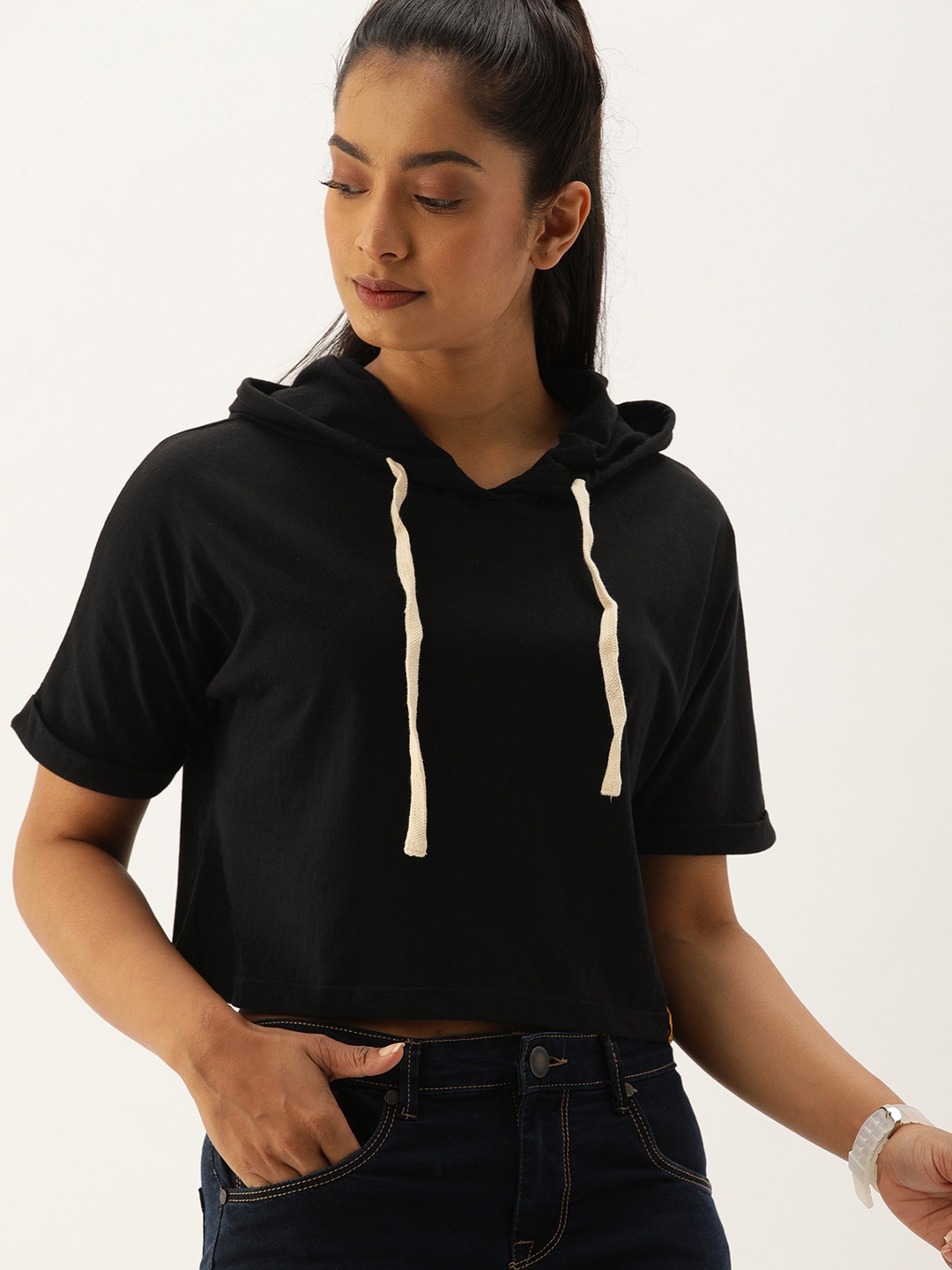 

Campus Sutra Women Black Solid Hooded Crop Pure Cotton Top