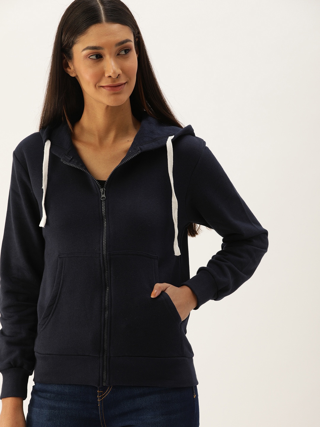 

Campus Sutra Women Navy Blue Solid Hooded Sweatshirt