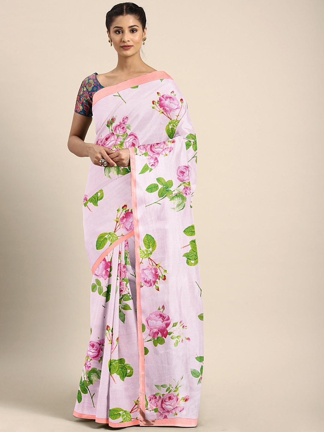 

Neerus Peach-Coloured & Green Satin Printed Saree