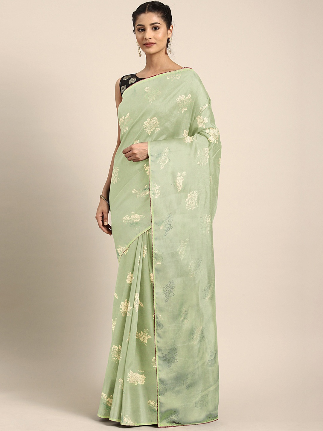 

Neerus Green & Cream-Coloured Poly Crepe Floral Printed Saree