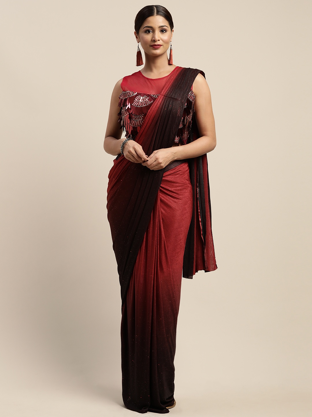 

Neerus Maroon Ombre Viscose Rayon Ready To Wear Saree