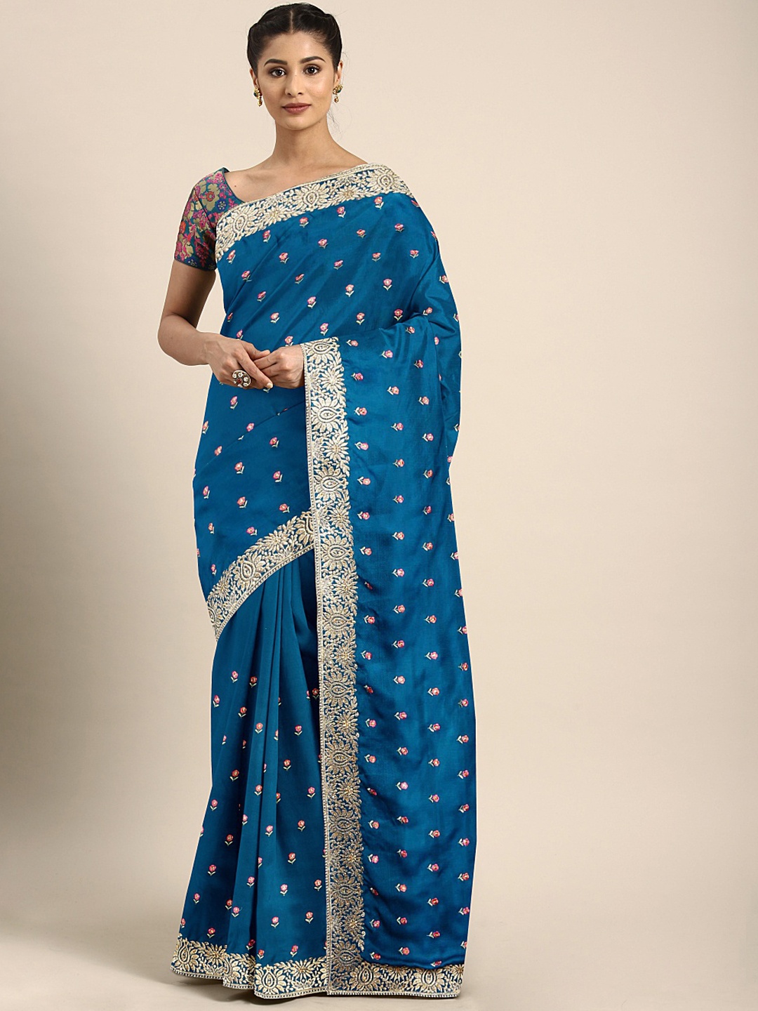 

Neerus Blue & Beige Satin Embroidered Saree