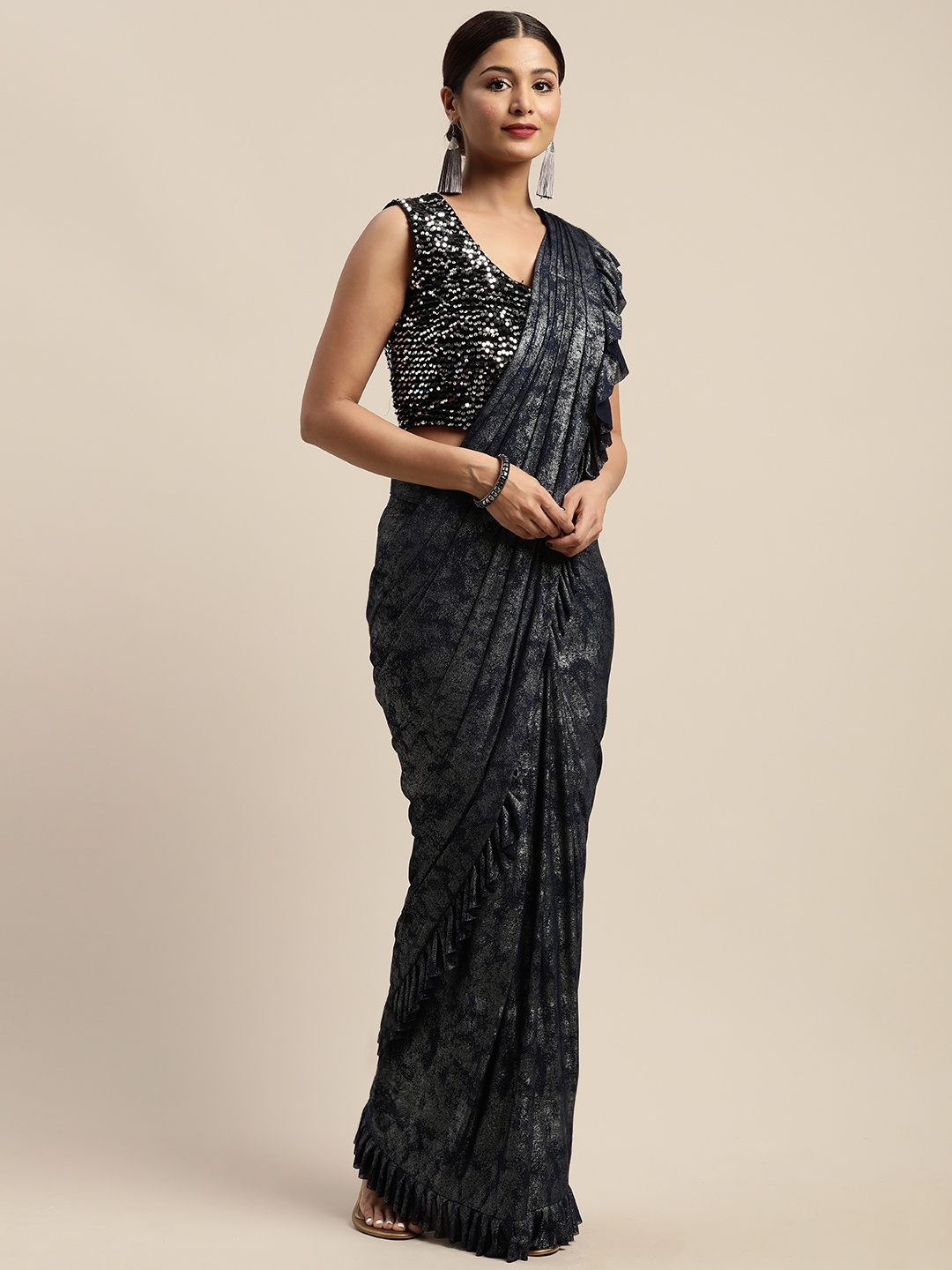 

Neerus Navy Blue & Silver-Coloured Viscose Rayon Printed Ready to Wear Saree