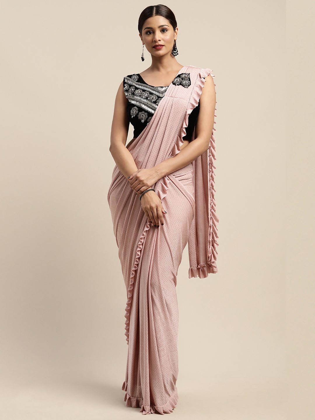

Neerus Pink Solid Viscose Rayon Ready to Wear Saree with Ruffles