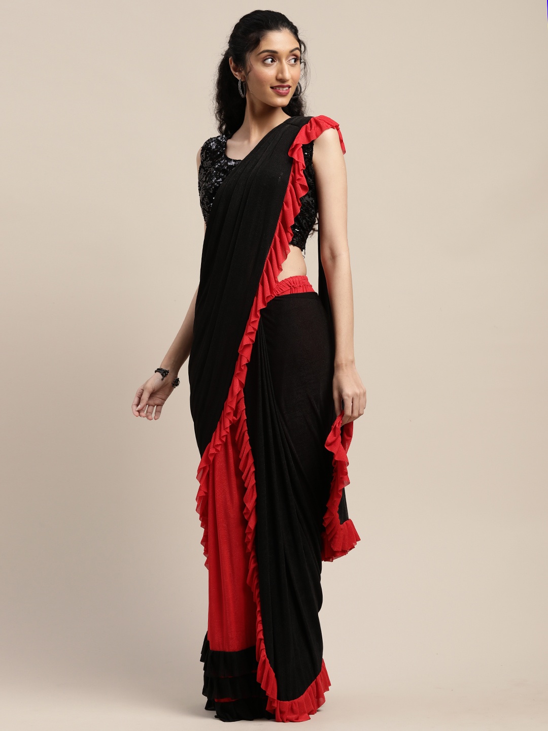 

Neerus Red & Black Viscose Rayon Solid Saree