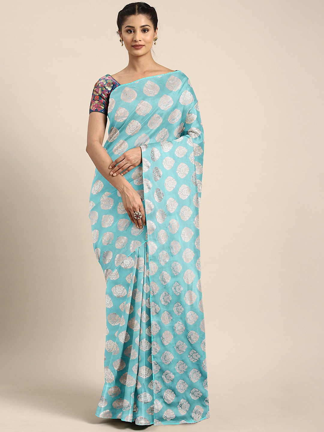 

Neerus Blue & Off-White Poly Crepe Floral Printed Saree