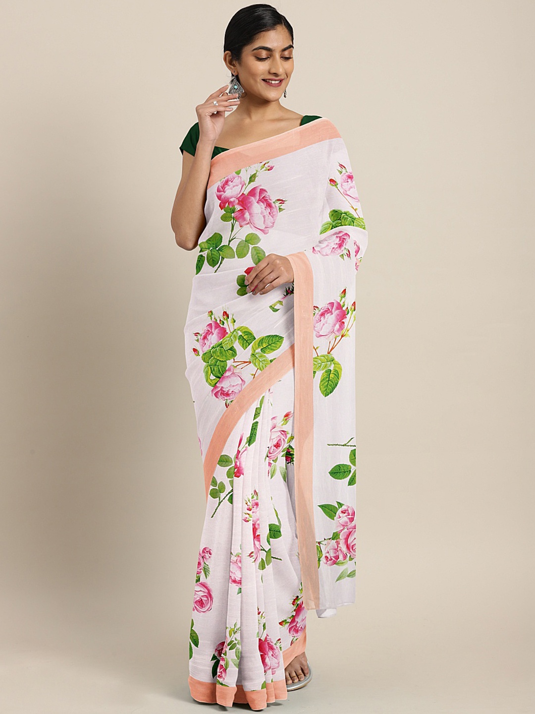 

Neerus Peach-Coloured & Green Pure Georgette Printed Saree