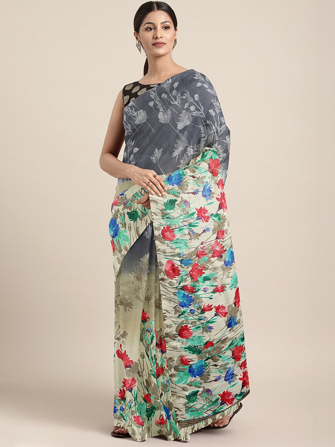 

Neerus Grey & Beige Poly Silk Floral Printed Saree