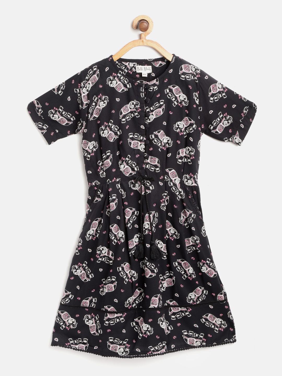 

Bella Moda Girls Black & White Ethnic Motifs Print A-Line Dress with Waist-Tie Ups