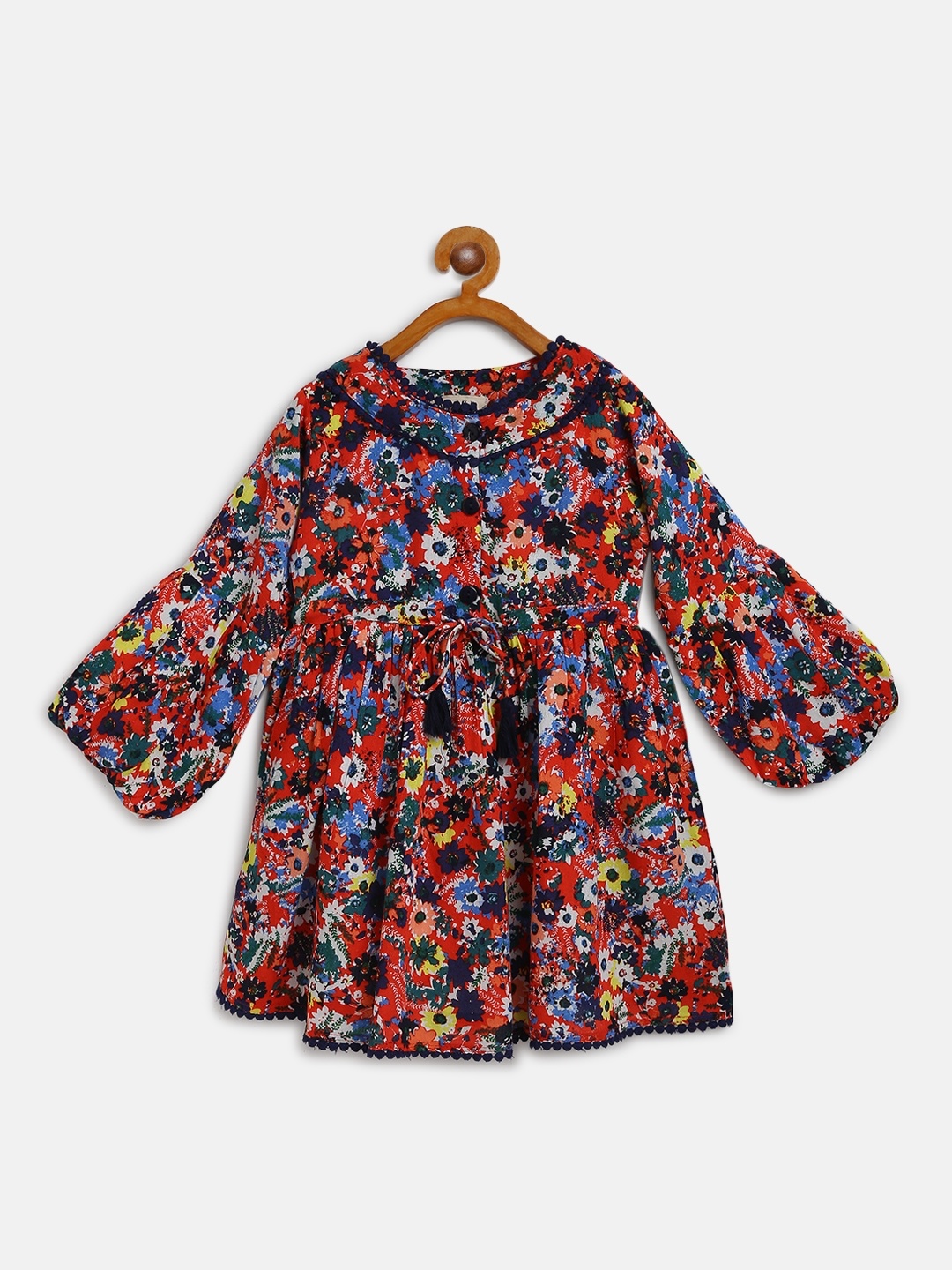 

Bella Moda Girls Orange & Navy Blue Floral Printed A-Line Dress