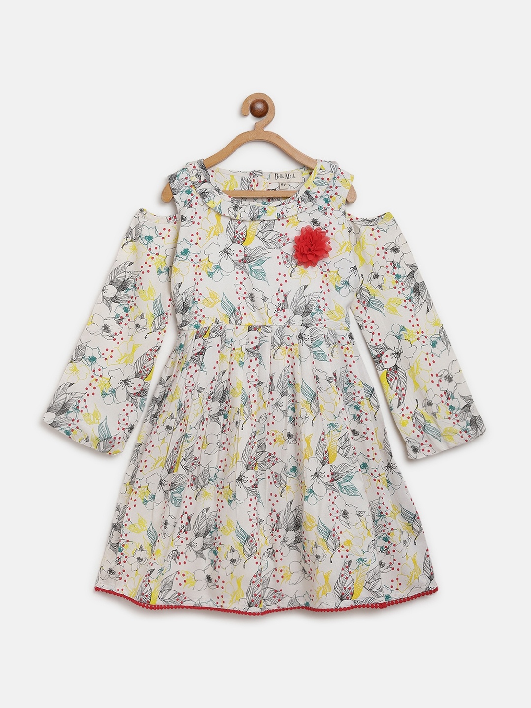 

Bella Moda Girls Off-White & Black Floral Print Fit and Flare Dress with Applique Detail