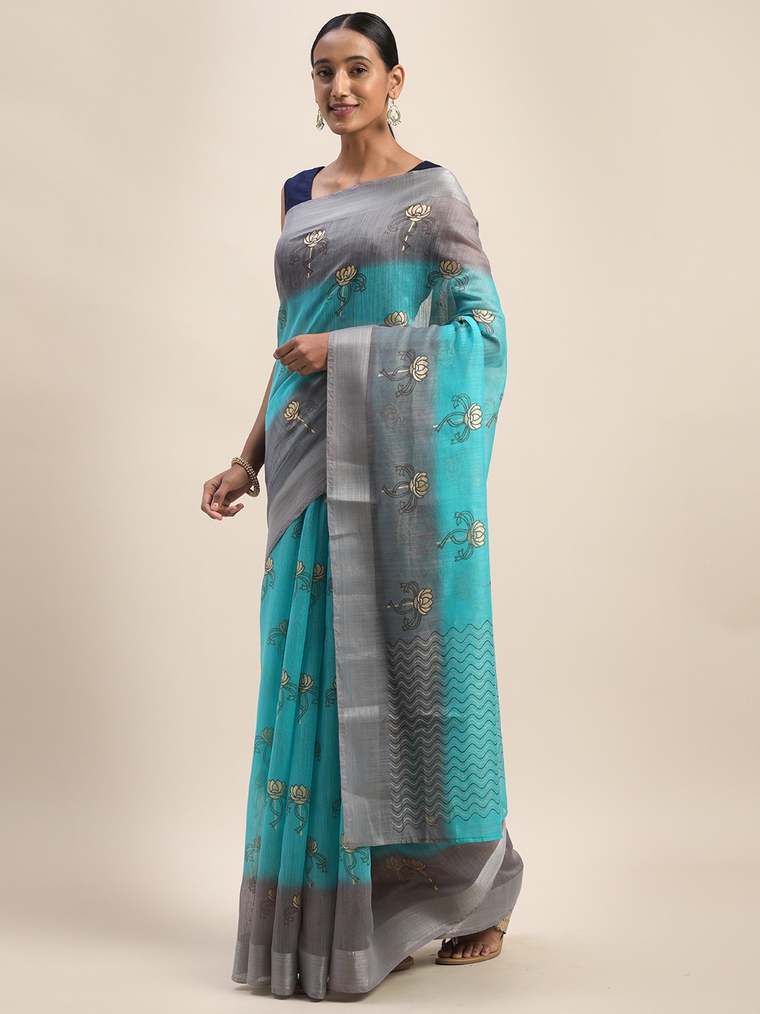 

KALINI Turquoise Blue & Golden Polycotton Printed Saree