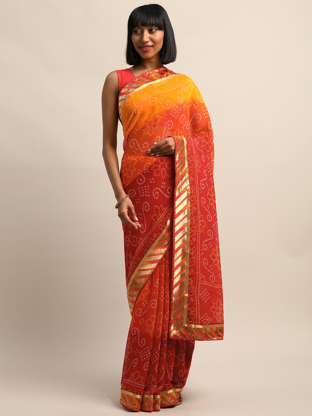 

Mirchi Fashion Red & Yellow Poly Georgette Printed Bandhani Saree