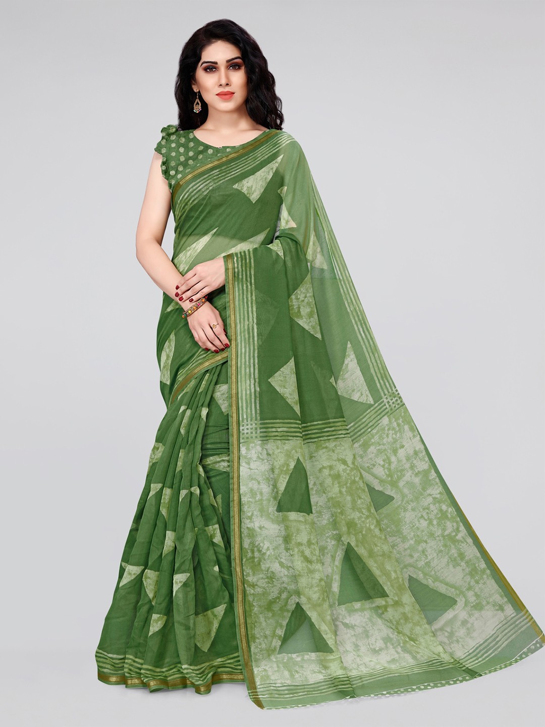 

Kalini Green & Off-White Polycotton Printed Saree
