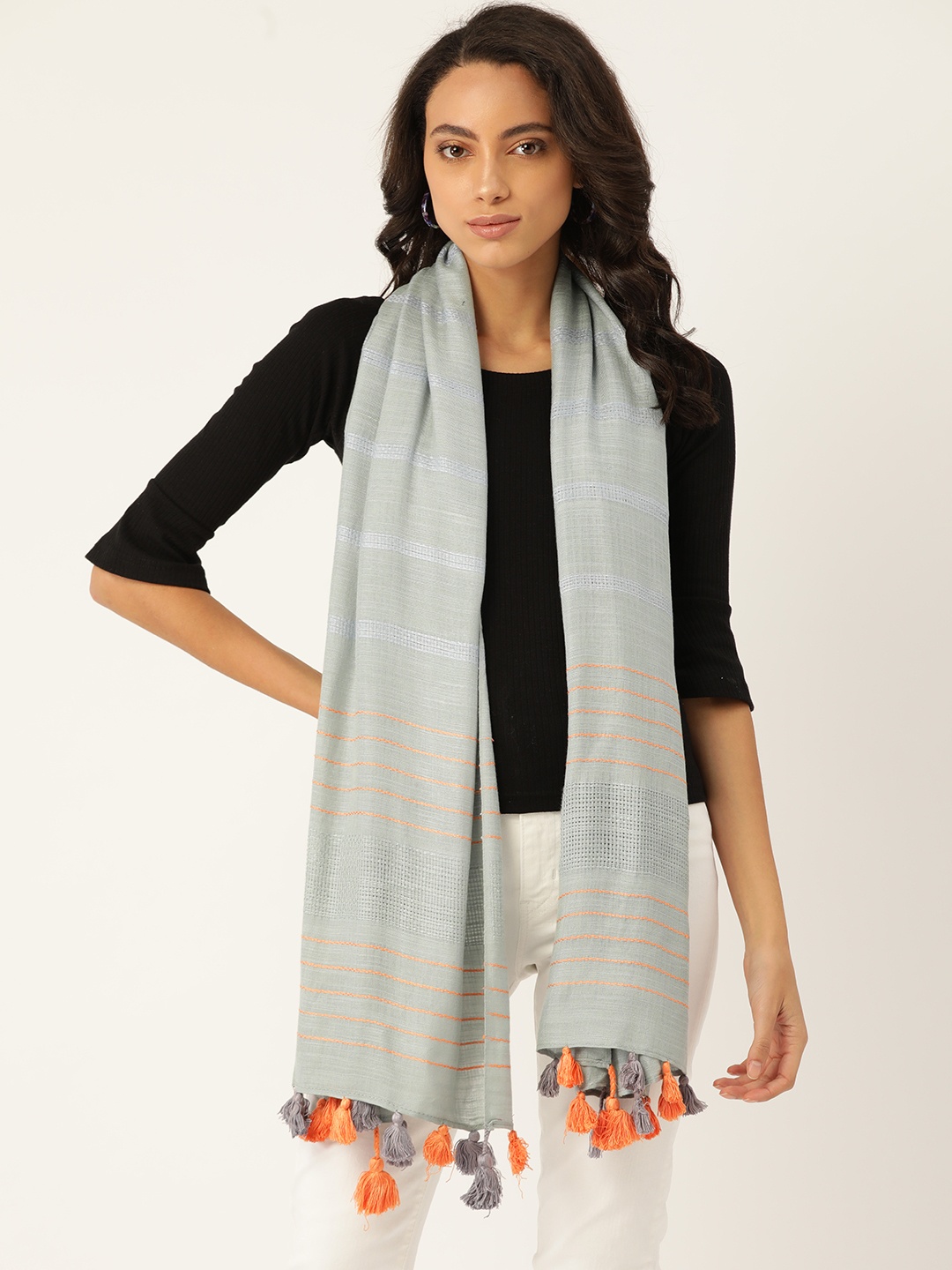 

Anekaant Women Grey & Peach-Coloured Woven Design Stole
