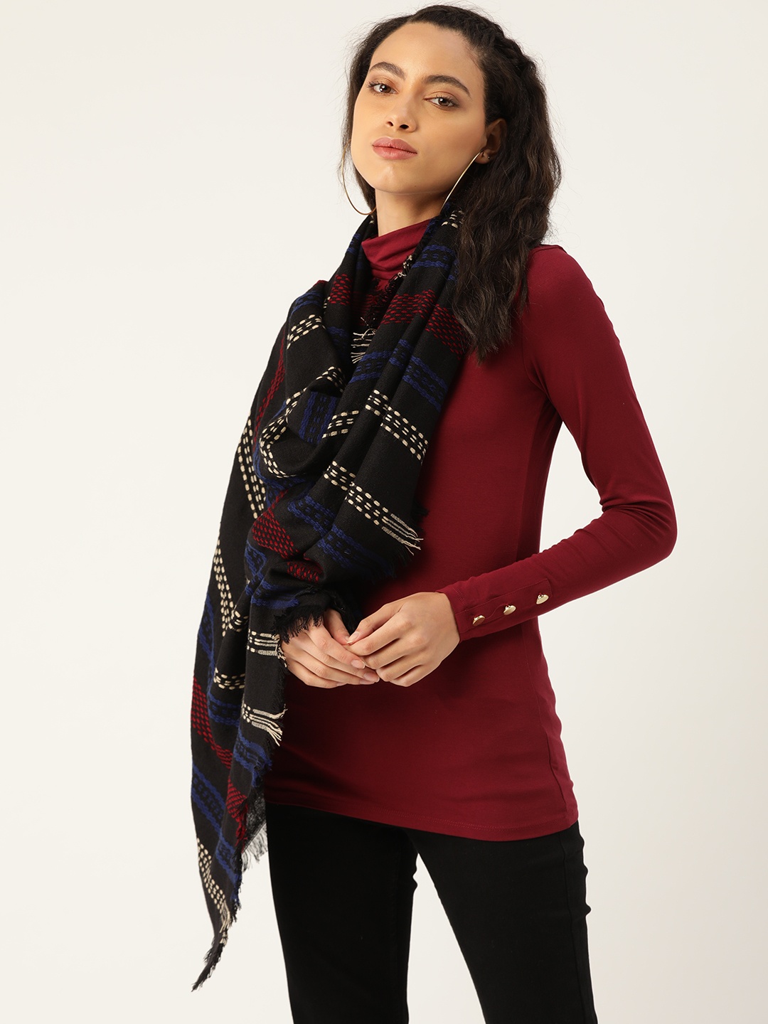 

Anekaant Women Acrylic Black & Navy Blue Woven Design Stole