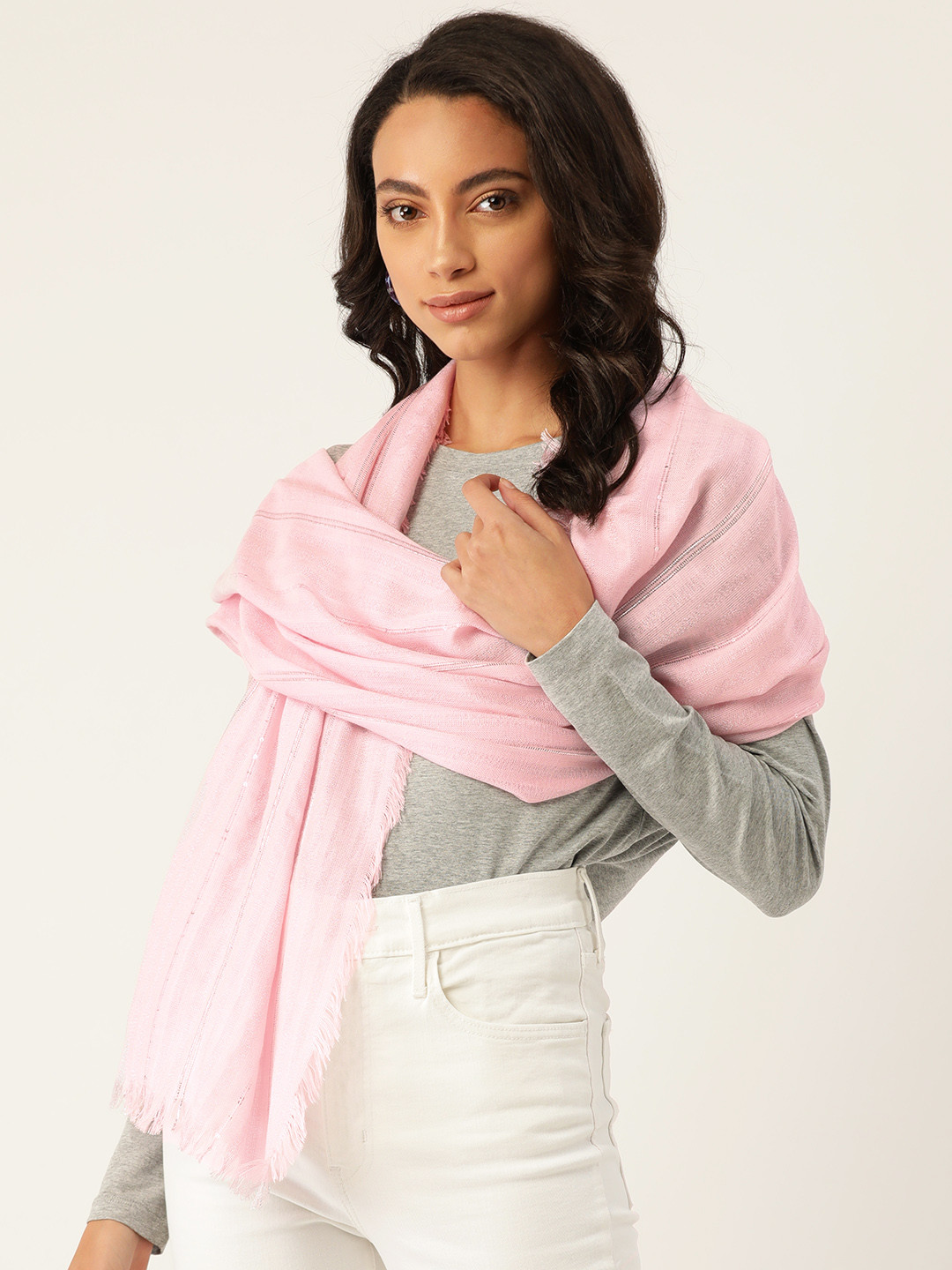 

Anekaant Women Pink Self-Striped Stole